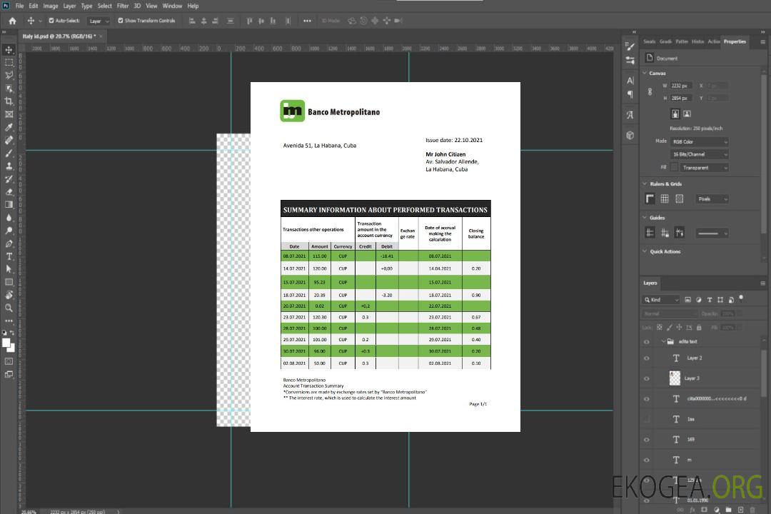 Relevé bancaire de Cuba Banco Metropolitano template Relevé bancaire de Cuba Banco Metropolitano template